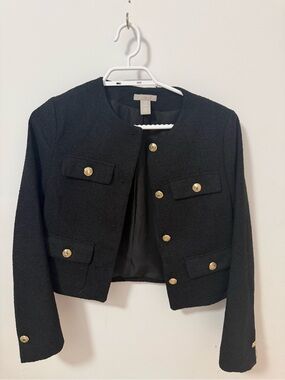 H&M Black Cropped Tweed Blazer with Gold Buttons